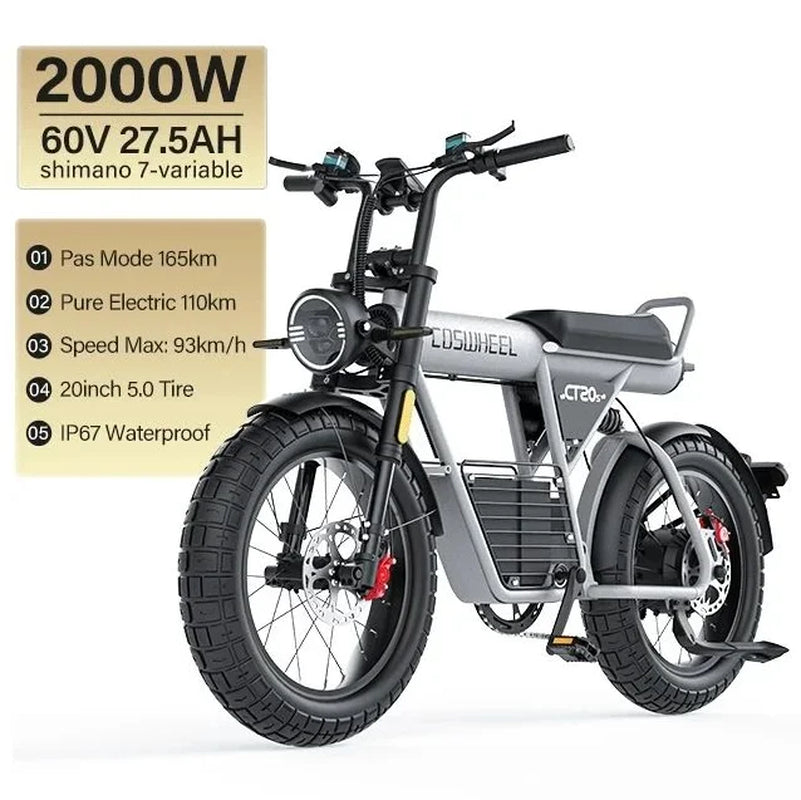 Electric Bike CT20S 2000W Motorcyle Drit Bike Ebike 20 Inch Fat Tire Bicycle 60V 27.5AH Bikes Adult Electric Bicycle